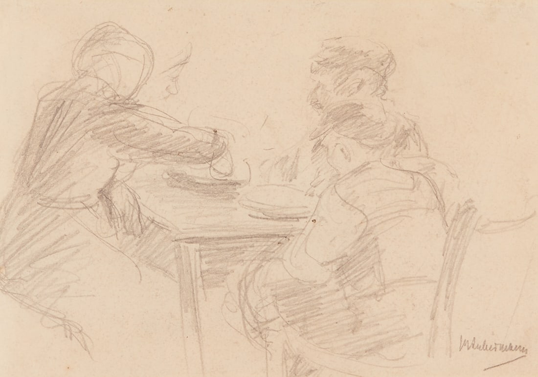 Max Liebermann: Max Liebermann 1847 Berlin - 1935 Berlin - Farmers at the Table - Pencil/paper. 14 x 20 cm (mat opening). 37 x 47 cm (dimensions with frame). Signed lower right: MLiebermann. Mat. Framed under glass (