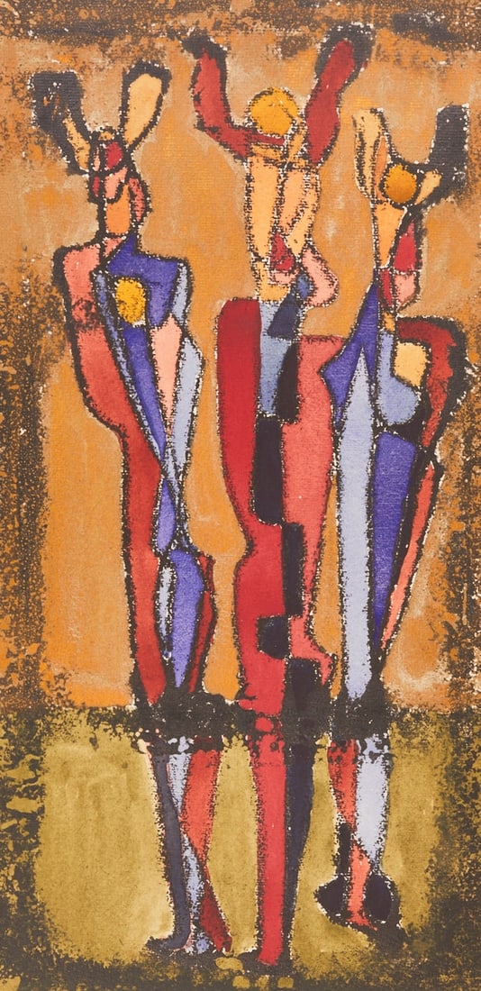 Thilo Maatsch: Thilo Maatsch 1900 Braunschweig - 1983 Königslutter - Three figures - Mixed media/paper. 46 x 23 cm (mat opening). 56 x 33 cm (dimensions with frame). Mat. Framed under glass. The artist was supp