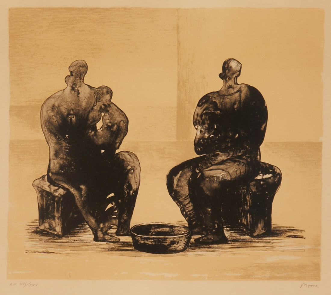 Henry Moore: Henry Moore 1898 Castleford - 1986 Much Hadham - "Two Women Bathing Child II" - (1973) Color lithograph/paper. AP XIX/XXV. 36.9 x 42.2 cm, 49.8 x 64.8 cm. 62 x 82 cm (measure with frame).