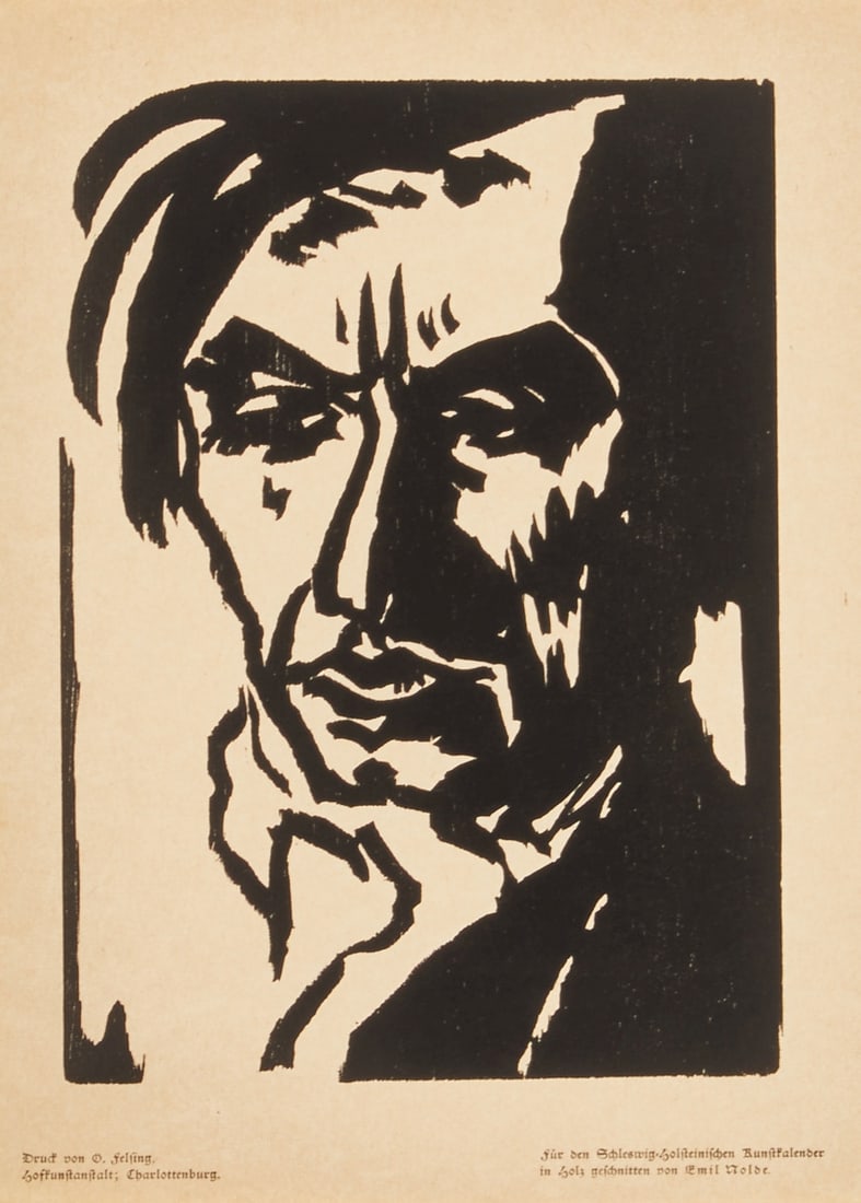 Emil Nolde: Emil Nolde 1867 Nolde near Tønder - 1956 Seebüll - "The Singer" - Woodcut/paper. Print by O. Felsing for the Schleswig-Holstein Art Calendar. 22.7 x 16.5 cm, 27.7 x 20.8 cm. The
