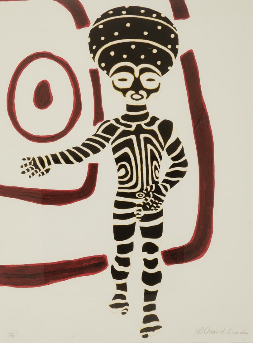 Owusu-Ankomah: Owusu-Ankomah 1956 Sekondi-Takoradi, Ghana - 2025 Sekondi, Ghana - "Makishi" - (2000) Color lithograph/paper. 74.5 x 56 cm (mat opening). 76 x 57 cm (sheet size). 104 x 74 cm (dimensions
