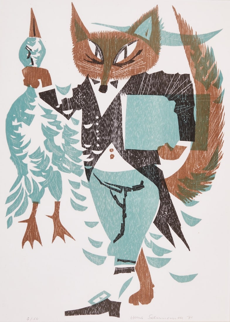 Hans Schmandt: Hans Schmandt 1920 Gießen - 1993 Dietzenbach - Fox with Goose - (1971) Color woodcut/paper. 6/10. 49.5 x 36 cm (mat opening). 70 x 53.5 cm (dimensions with mat). Signed and dated lower right: