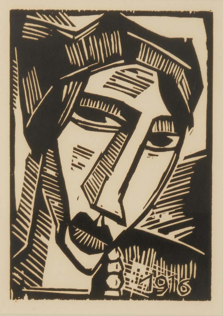 Karl Schmidt-Rottluff: Karl Schmidt-Rottluff 1884 Rottluff/Chemnitz - 1976 Berlin - "Woman's Head" - (1916) Woodcut/paper. 25.6 x 18 cm, 28 x 20 cm (mat opening). 60 x 49 cm (dimensions with frame). Mat. Framed un