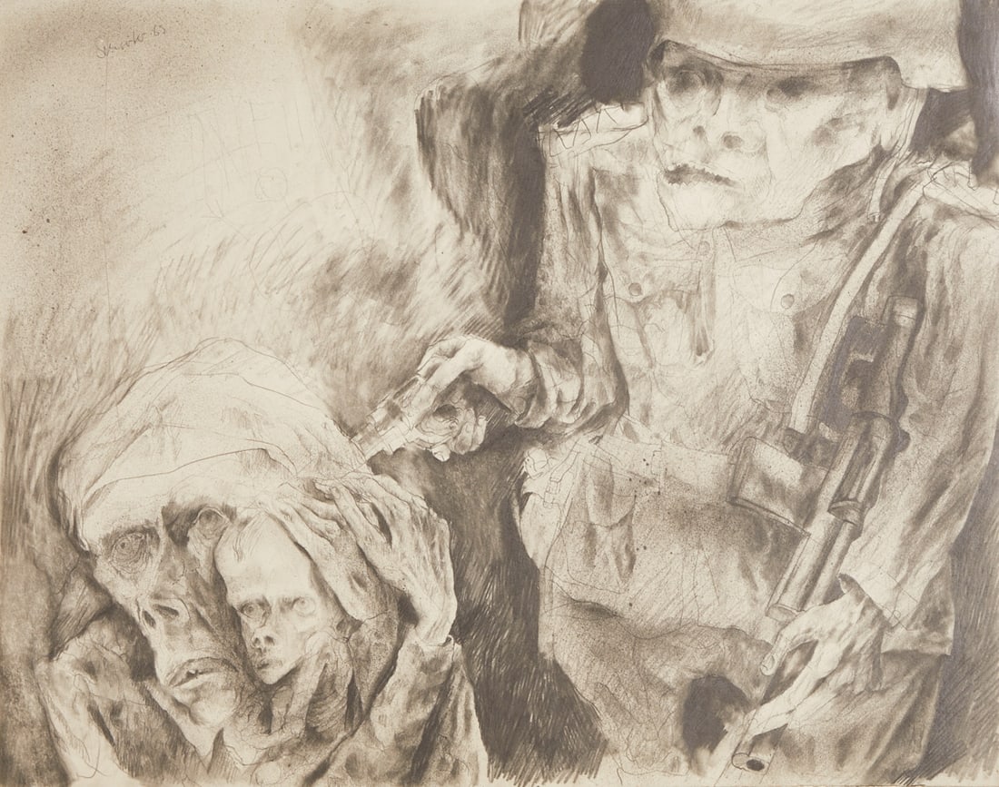 Klaus Schr?¶ter: Klaus Schröter 1934 Osselwitz - 2005 - Horrors of War - Pencil/paper. 57.5 x 73 cm. Signed and dated lower left: Schröter (19)69. Mat. Slight scratch on the left edge.