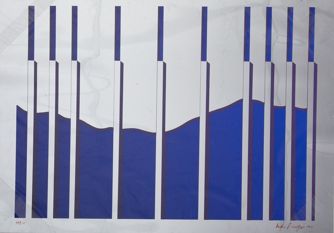Stefan Schwerdtfeger: Stefan Schwerdtfeger 1928 Stettin - 2018 Hannover - Abstract Composition - (1975) Color serigraph/silver foil. 29/50. 37.5 x 52.5 cm, 42 x 59 cm. Signed and dated lower right: Stafan Schwerdtfeger