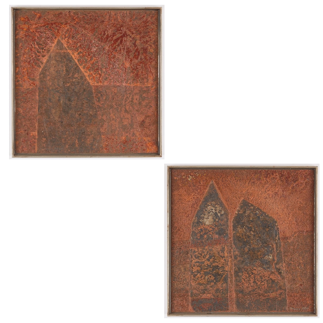 Georg Seibert: Georg Seibert 1939 Kleinwiesen - 2017 Berlin Convolute - Two Houses - (1990) Rust/metal plate. 30 x 30 cm. 31.5 x 31.5 cm (size with frame). Signed and dated lower right: Seibert 1990. Metal frame. -