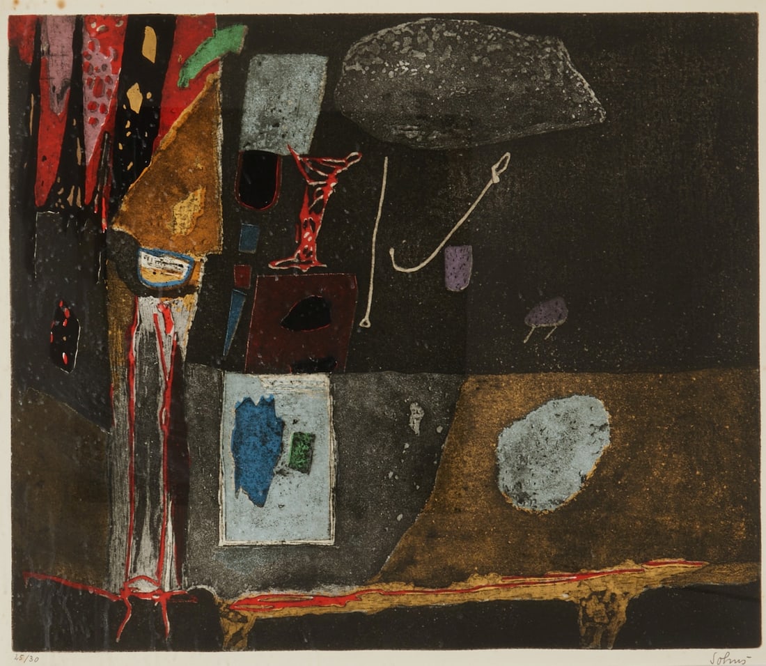 Kurt Sohns: Kurt Sohns 1907 Barsinghausen - 1990 Hanover - "In Memoriam de Gérard de Nerval" - Colored aquatint etching/paper. 25/30. 47.5 x 56 cm. 50.5 x 59 cm (passe-partout cutout). 71 x 81 cm