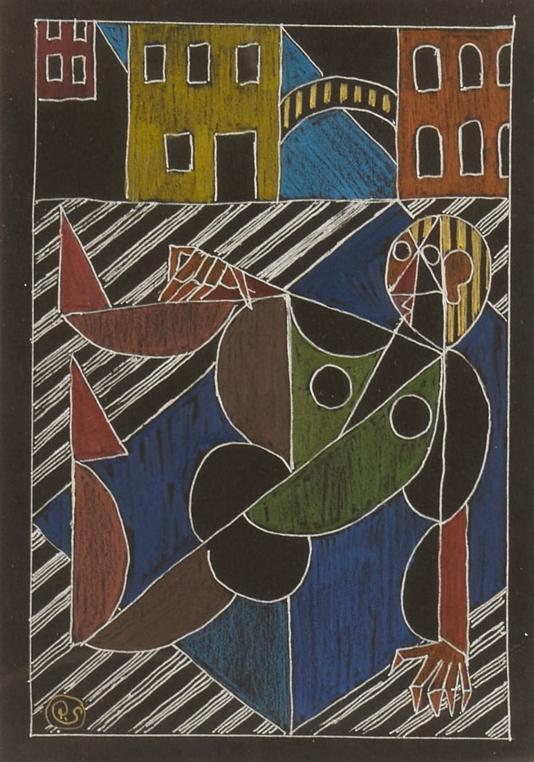 Peter Strang: Peter Strang 1936 Dresden - 2022 Dresden - Geometric Figure - Mixed media/paper. 21 x 14.6 cm, 42 x 36 cm (measurement with frame). Monogrammed lower left: PS. Passepartout. Framed under glass.