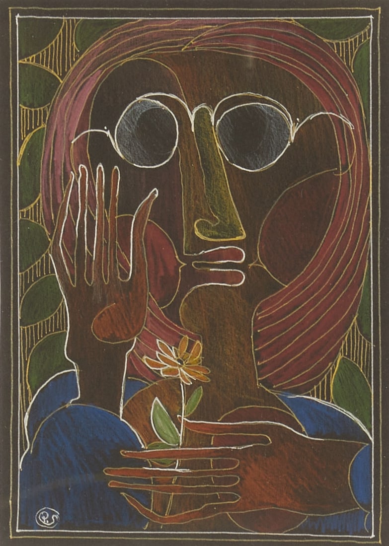 Peter Strang: Peter Strang 1936 Dresden - 2022 Dresden - Female Portrait - Mixed media/paper. 21 x 15 cm, 42 x 36 cm (measurement with frame). Monogrammed lower left: PS. Passepartout. Framed under glass.