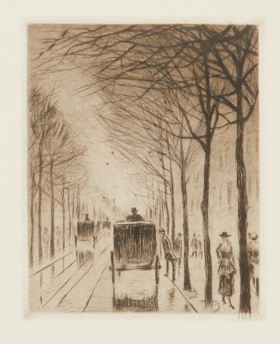 Lesser Ury: Lesser Ury 1861 Birnbaum - 1931 Berlin - "Avenue in Berlin" - Etching/paper. 14.8 x 11.8 cm, 33.2 x 24.8 cm. 50 x 40 cm (dimensions with frame). - Lit.: Rosenach 54. Posthumous print from