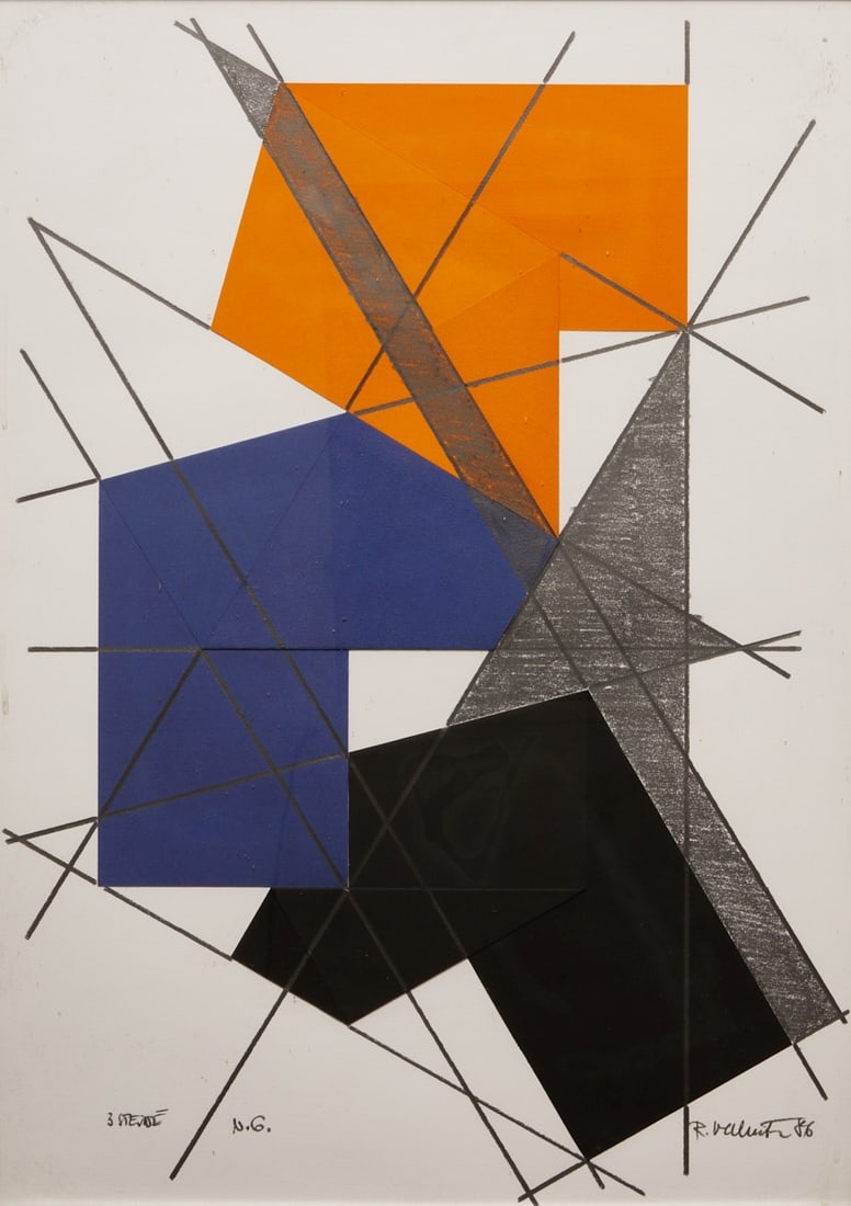 Rudolf Valenta: Rudolf Valenta 1929 Prague - Untitled - Collage/cardboard. 68.8 x 48.8 cm (visible dimensions). 71 x 52 cm (dimensions with frame). Signed and dated lower right: R. Valenta (19)86. Inscribed lower
