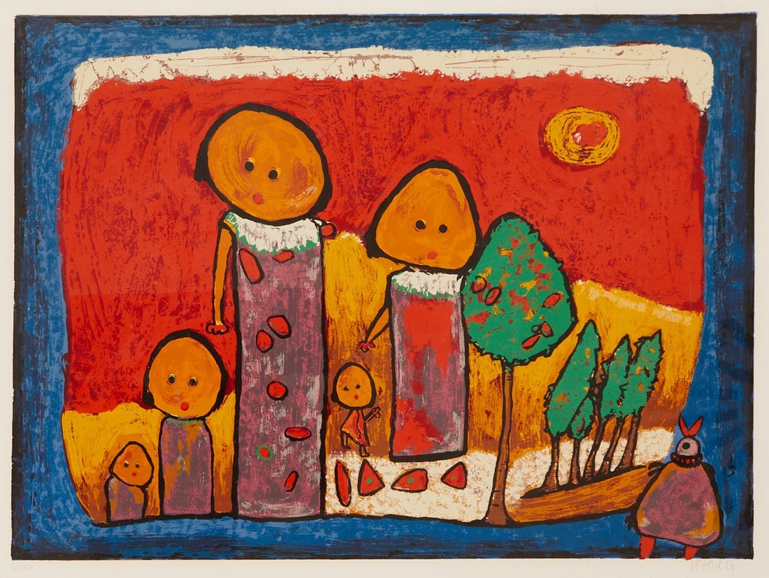Giovanni Vetere: Giovanni Vetere 1940 Strongoli - Family - Color serigraph/paper. 92/150. 72 x 98 cm, 80 x 104 cm (mount cut-out). 103 x 127 cm (dimensions with frame). Signed lower right: Vetere G. Mount. Framed