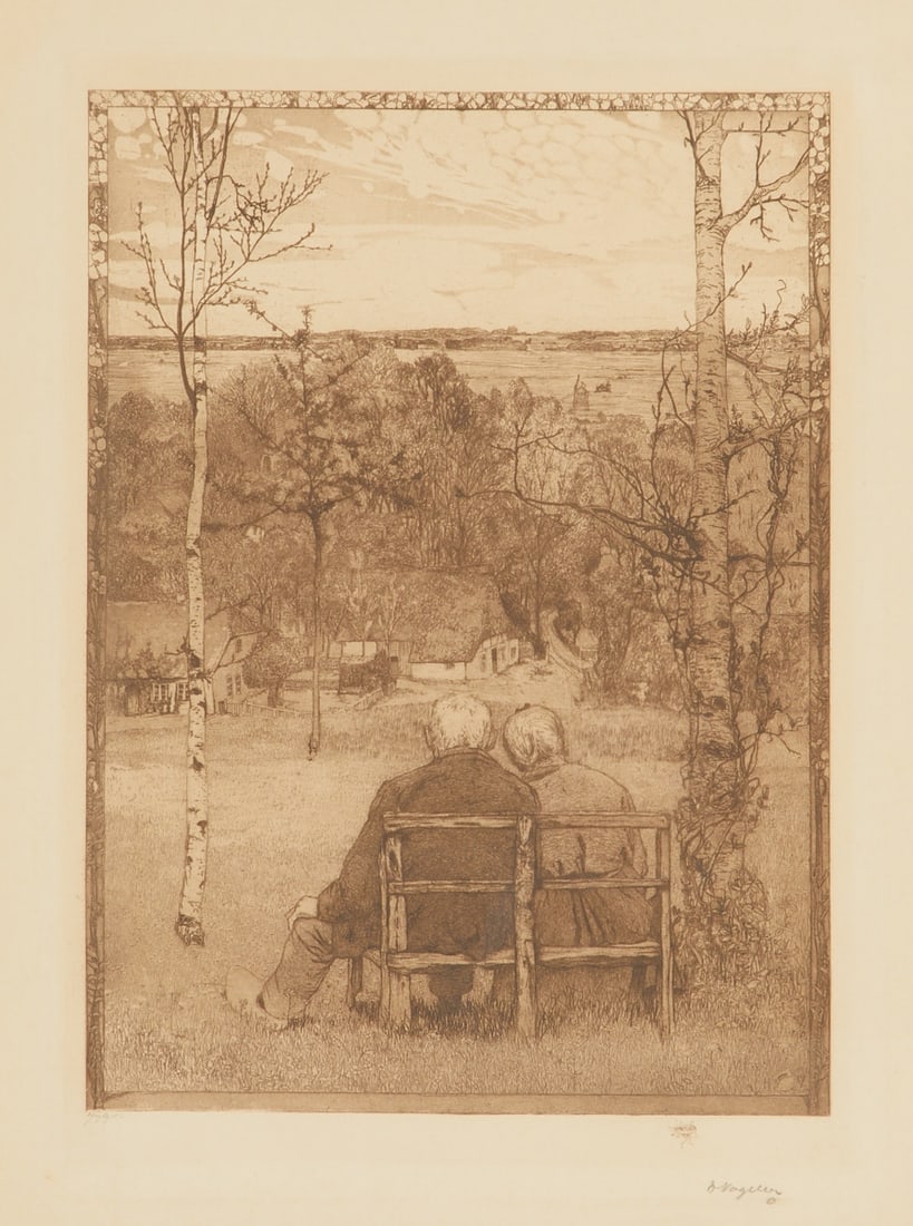 Heinrich Vogeler: Heinrich Vogeler 1872 Bremen - 1942 Kazakhstan - "In May" (1897) Etching/paper. 34 x 24 cm, 39 x 29 cm (mount cut-out). 59 x 49 cm (dimensions with frame). Signed lower right: HVogeler.