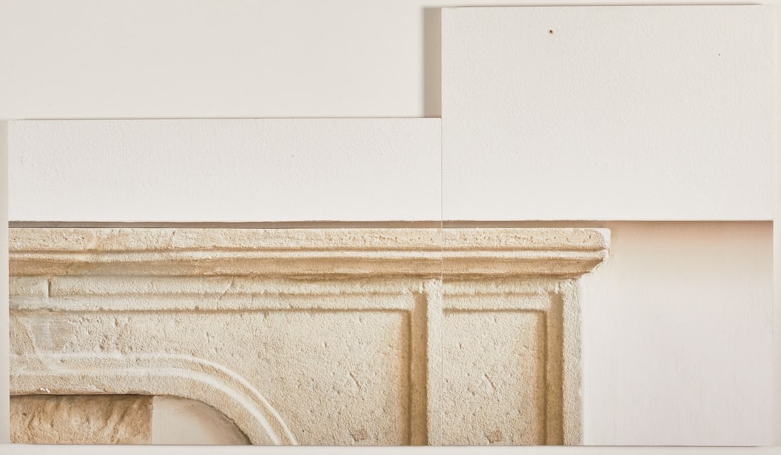 Martina Wolf: Martina Wolf 1971 Wurzen Two-part work - Fireplace mantel - (2017) Fine Art Print/MDF board. 48 x 36 cm, 36 x 48 cm. Signed, dated and with dedication on the reverse: 30.(0)1.2017 Martina Wolf. To