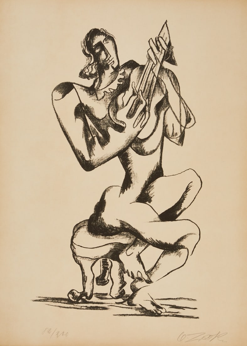 Ossip Zadkine: Ossip Zadkine 1890 Wizebsk - 1967 Paris - "The Lute Player" - (1965) Lithograph/paper. 82/200. 65 x 36 cm, 76.5 x 56.5 cm. Signed lower right: O. Zadkine. The sheet is loose. Browned.