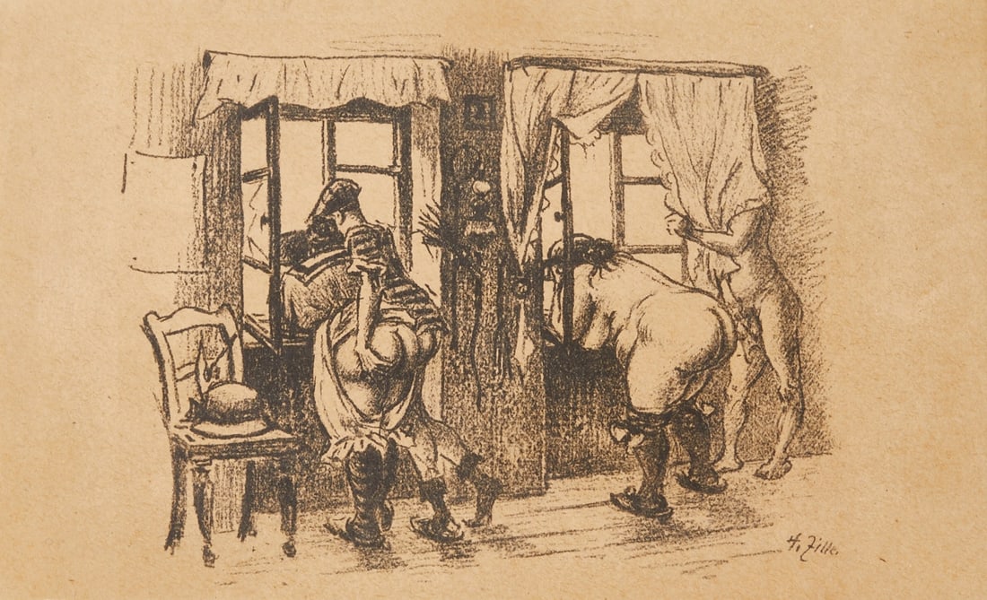 Heinrich Zille: Heinrich Zille 1852 Radeburg/Dresden - 1929 Berlin - "Two couples looking out the window" - (1919) Lithograph/paper. 15 x 19 cm, 16.5 x 27.5 cm, 19.7 x 30.5 cm (dimensions with frame). Signe