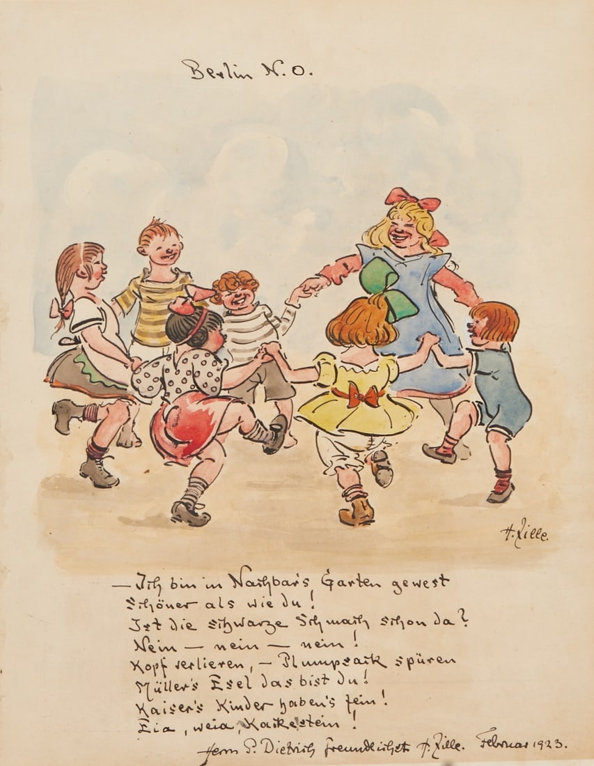 Heinrich Zille: Heinrich Zille 1852 Radeburg/Dresden - 1929 Berlin - "Berlin N. O." (children dancing in a circle) - (1923) Ink and watercolor/paper. 28 x 21.7 cm, 30.3 x 24.2 cm (dimensions with frame). Si