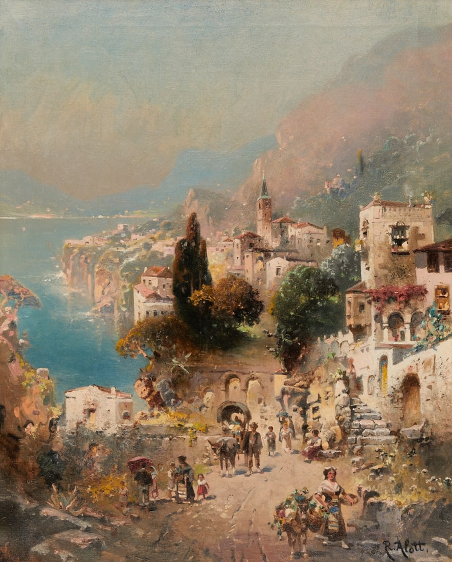 Robert Alott: Robert Alott 1850 Graz - 1910 Vienna - Neapolitan coastal landscape - Oil/canvas. 68 x 56 cm, 95 x 78 cm (size with frame). Signed lower right: R. Alott. Decorative frame. - Lit.: Fuchs I, K 12.