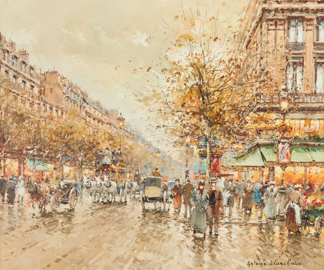 Antoine Blanchard: Antoine Blanchard 1910 Paris - 1988 Paris - "Le Cafe de la Paix, Paris" - Oil/canvas. 45.7 x 54.5 cm. 60 x 69 cm (dimensions with frame). Signed lower right: Antoine Blanchard. Signed, local