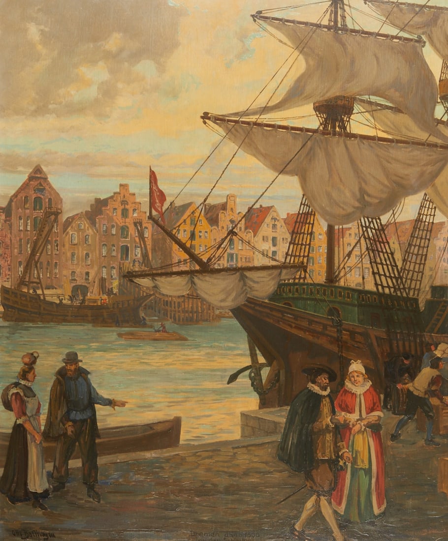 Otto Bollhagen: Otto Bollhagen 1861 Wesenberg - 1924 Bremen - Bremen anno 1600 on the Schlachte - Oil/wood. 94 x 77 cm. 114 x 100 cm (dimensions with frame). Signed lower left: Otto Bollhagen. Titled lower center.