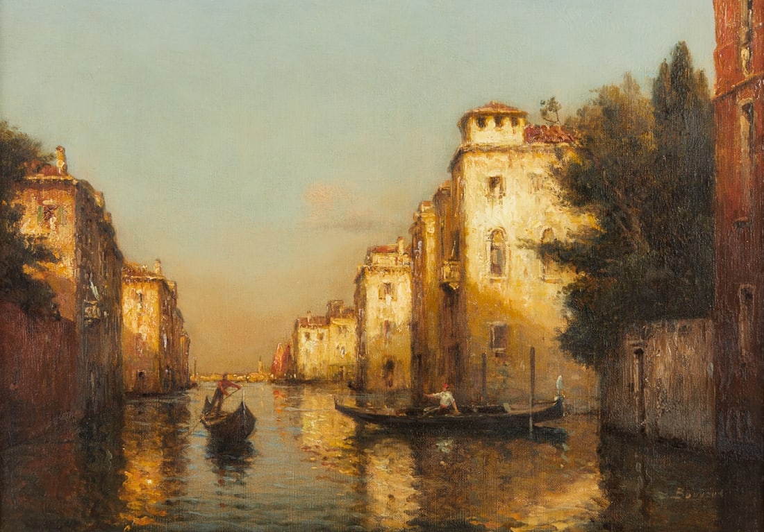 Antoine Bouvard: Antoine Bouvard 1870 Saint-Jean-de-Bournay - 1956 L'Isère - A Canal in Venice - Oil/canvas. Doubled. 33 x 46.5 cm. 44 x 58 cm. Signed lower right: Bouvard. On the reverse with label (Burlington
