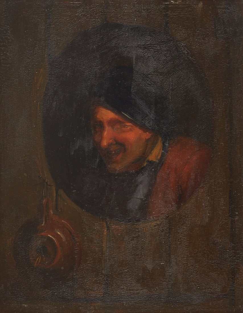 Adriaen Brouwer: Adriaen Brouwer 1605 or 1606 probably in Oudenaarde - 1638 Antwerp in the manner of - Portrait of a man in front of an oval window - Oil/wood. 21.5 x 17 cm. 25.5 x 21 cm (dimensions with frame).