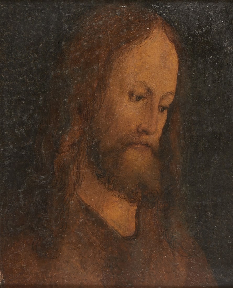 German Master, probably 16th century: German Master, probably 16th century - Male Portrait (Head of Christ?) - Oil/paper on wood. 18.6 x 15.6 cm. 35 x 31.5 cm (dimensions with frame). Slight imperfections in the marginal area.