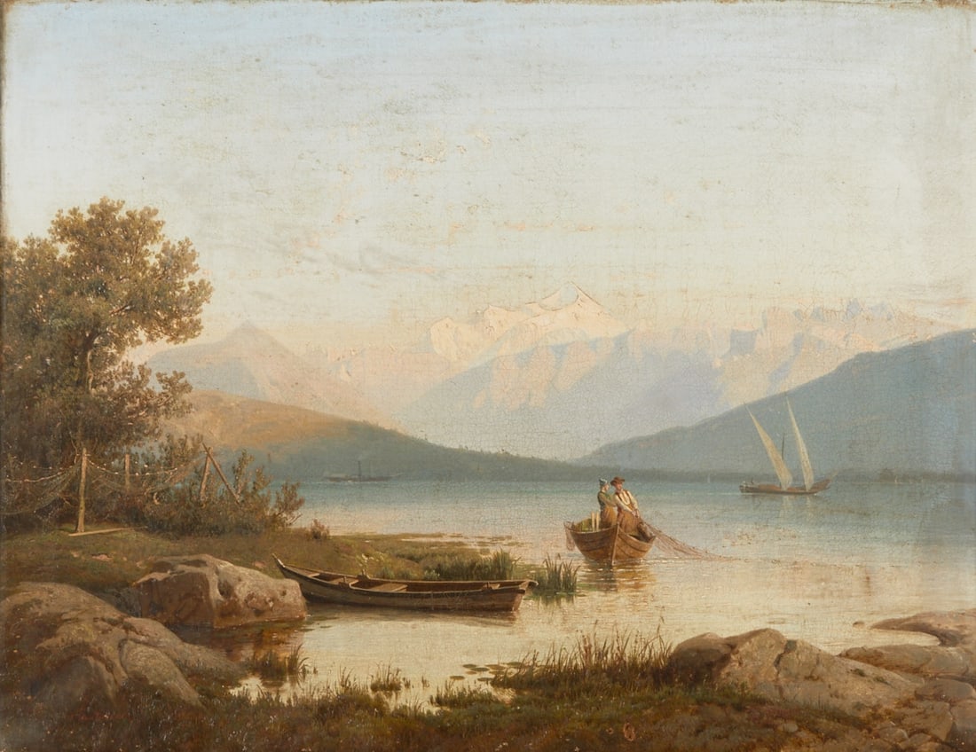 Johannes Duntze: Johannes Duntze 1823 Bremen - 1895 Düsseldorf - Fisherman on a mountain lake - Oil/canvas. 53 x 70.5 cm. 77 x 91 cm (dimensions with frame). Signed and dated lower left: J. Duntze. 1856. Frame.