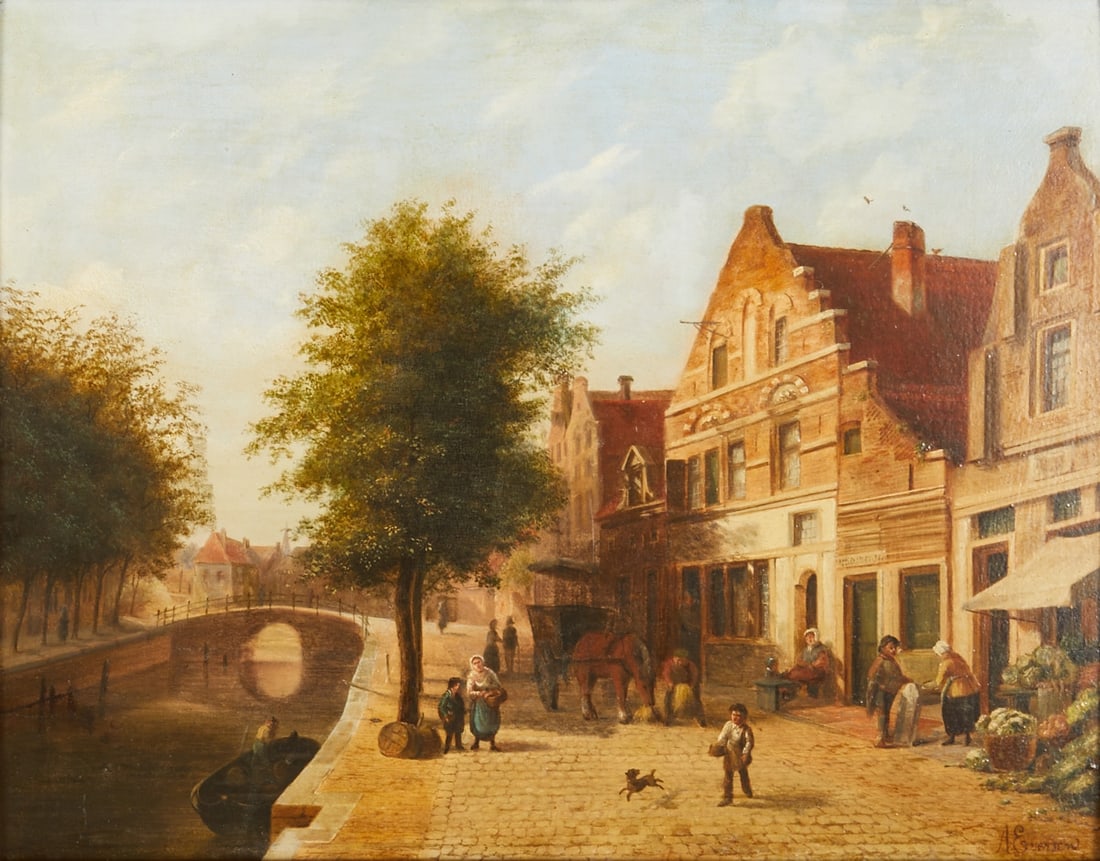 Adrianus Eversen: Adrianus Eversen 1818 Amsterdam - 1897 Delft - Dutch street scene by the canal - Oil/wood. 38.8 x 51.1 cm. 62 x 73 cm (dimensions with frame). Signed lower right: A Eversen. Frame. Restoration