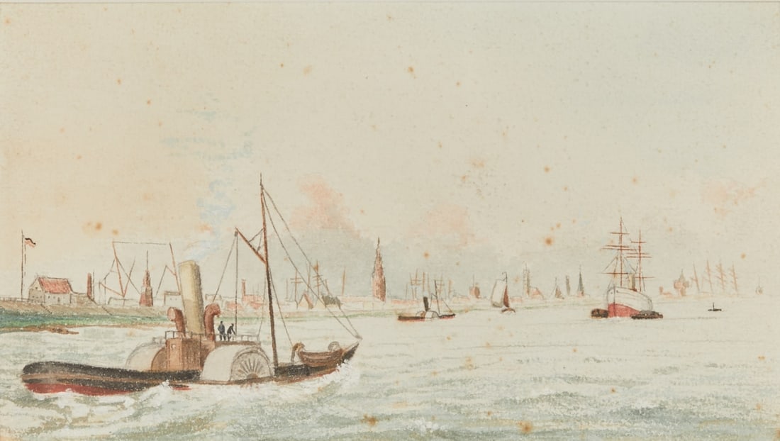 Wilhelm Heinrich Focke: Wilhelm Heinrich Focke 1878 Bremen - 1974 Bremen - Harbor view of Bremerhaven - Watercolor/paper. 12.9 x 22.8 cm (mat cutout), 32 x 34 cm (dimensions with frame). Inscribed on reverse. Mat. Framed