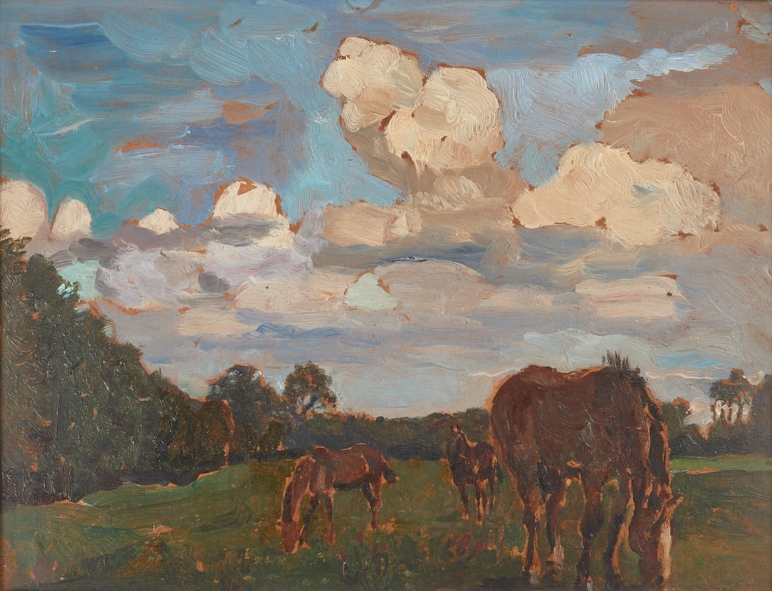 Wilhelm Heinrich Focke: Wilhelm Heinrich Focke 1878 Bremen - 1974 Bremen - Horses in the pasture - Oil/cardboard. 23 x 30 cm, 25.5 x 32.5 cm (dimensions with frame). Frame. Minimal paint chipping upper right. - Provenance: F