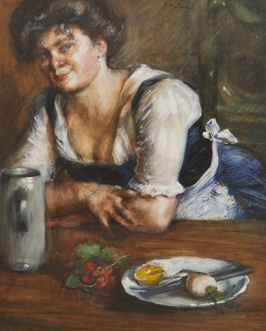 Constantin Gerhardinger: Constantin Gerhardinger 1888 Munich - 1970 Törwang - Dirndl - Gouache/paper. 59 x 48 cm (sight size). 68 x 57 cm (dimensions with frame). Signed upper right: Gerhardinger. Framed under glass.