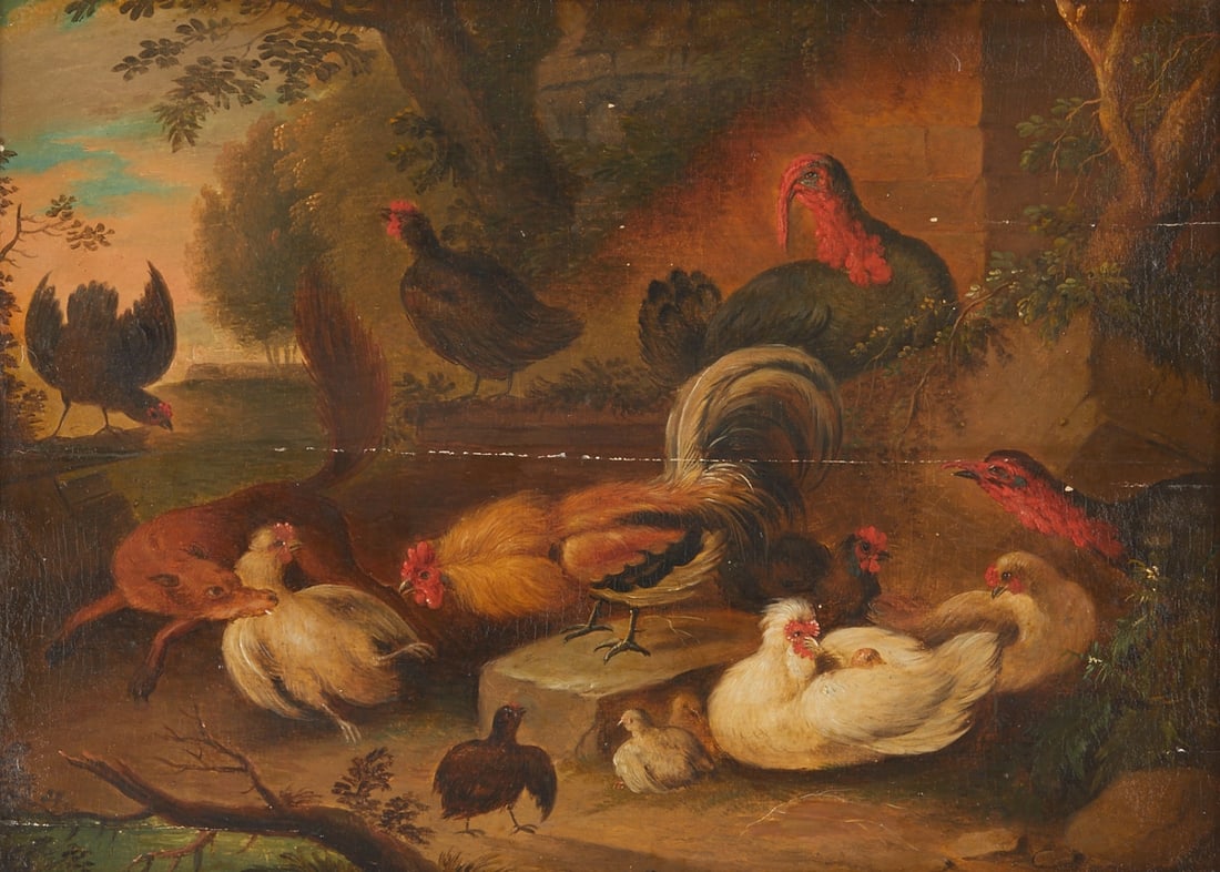 Attributed to Adrian de Gryef: Adrian de Gryef 1657 - attributed to around 1715 - Chickens and an approaching fox - Oil/wood. 22 x 30 cm. 28 x 36 cm (dimensions with frame). Frame. Three horizontal cracks. Restoration required.