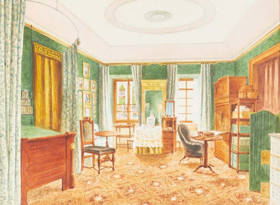 Hermann Herdtle: Hermann Herdtle 1819 Stuttgart - 1889 Stuttgart - "Room of Baron Georg von Cotta in Stuttgart" - (1863) Watercolor/paper. 25.5 x 35 cm (mat cutout). 46 x 55 cm (dimensions with frame).