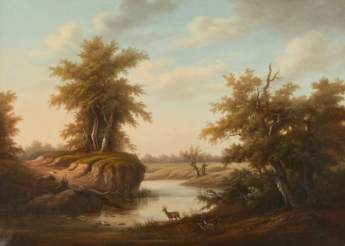 Georg H?¶hn: Georg Höhn 1812 Neustrelitz - 1879 Dessau - Forest landscape with deer - Oil/canvas. 53 x 73.5 cm. 72 x 92 cm (dimensions with frame). Signed lower right: Höhn. Frame (Conzen).