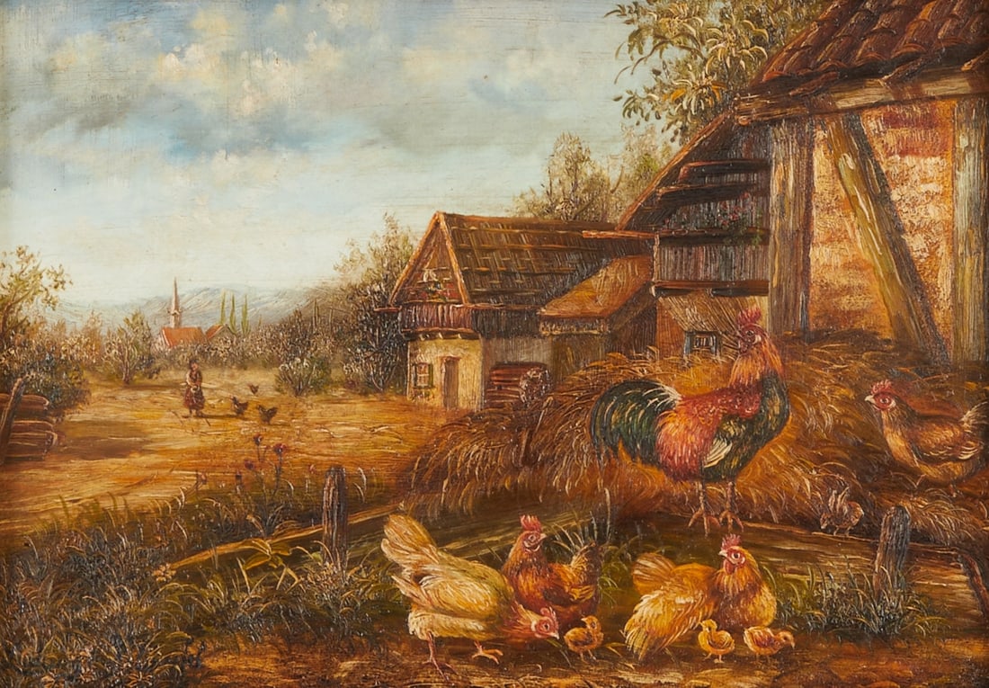 Ludwig Holzapfel: Ludwig Holzapfel Active in the 20th century - Chickens on the farm - Oil/wood. 13 x 18 cm. 27 x 32 cm (dimensions with frame). Signed lower left: Ludwig Holzapfel. Frame. South German animal and