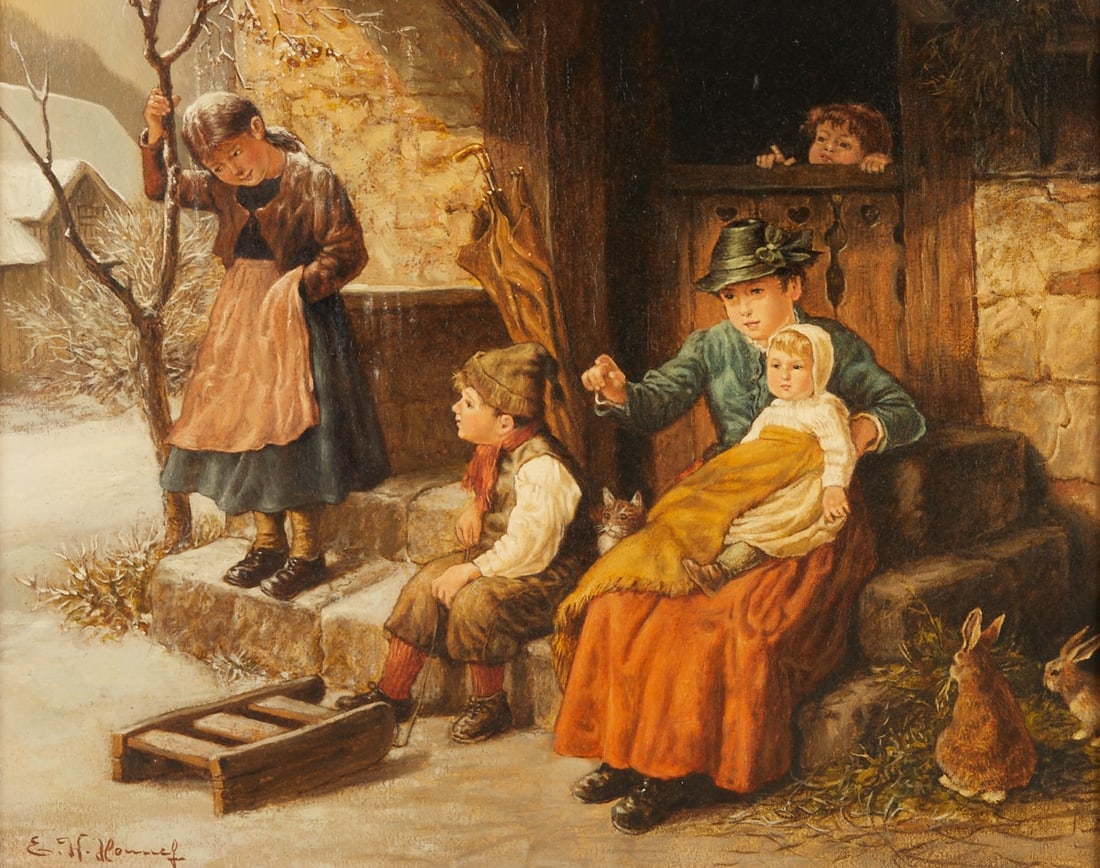 Ewald Honnef: Ewald Honnef 1924 - 1975 - Children in the snow - Oil/wood. 24 x 30 cm. 39 x 44 cm (dimensions with frame). Signed lower left: E. W. Honnef. Frame.