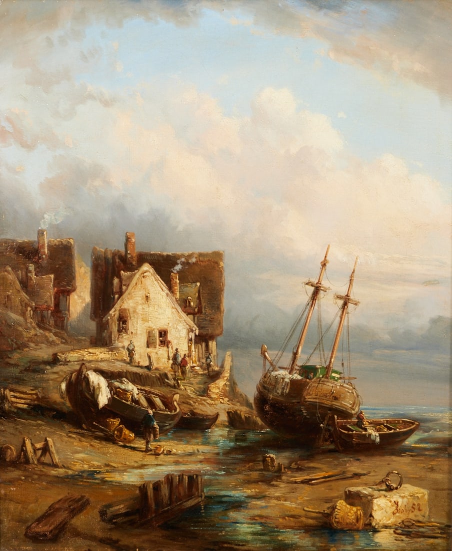 Louis Gabriel Eug?¨ne Isabey: Louis Gabriel Eugène Isabey 1803 Paris - 1886 Lagny near Paris - Fishing boats on a rocky beach - Oil/canvas. Doubled. 46.2 x 38.5 cm. Signed and dated lower right: Isabey (18)52. Ornamental