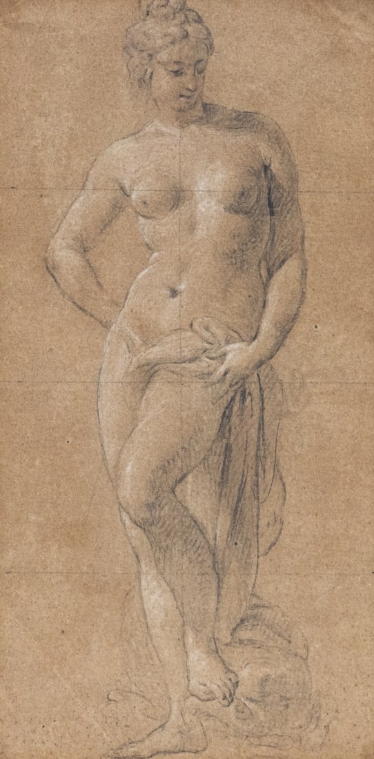 Probably Italian artist of the 17th century: Probably Italian artist of the 17th century - Female nude with cloth - Graphite, heightened with white/paper. 30 x 16.2 cm. 38 x 23 cm (dimensions with frame). Attached pointwise to the backing board