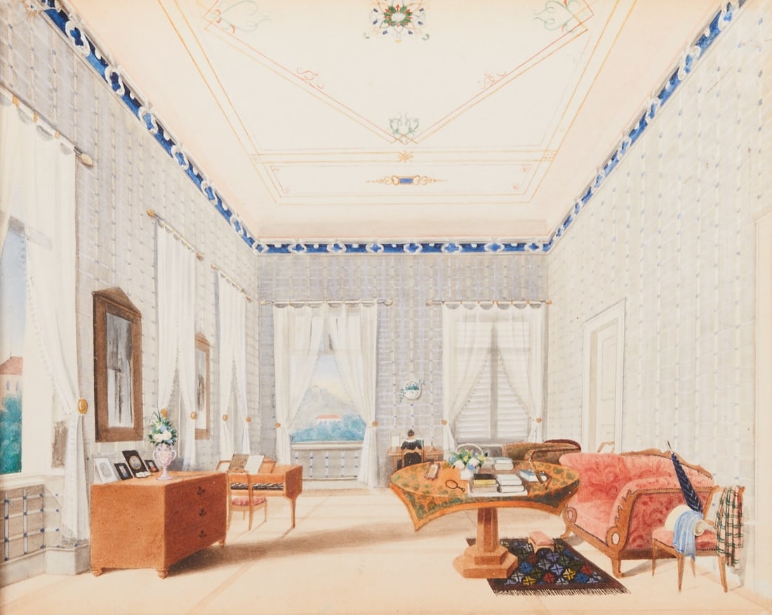 Italian artist around 1840: Italian artist around 1840 - Interior of an Italian Palazzo - (around 1840) Watercolor/paper. 18 x 23 cm (mat opening). 44 x 50 cm (dimensions with frame). Framed under glass. On the reverse of the