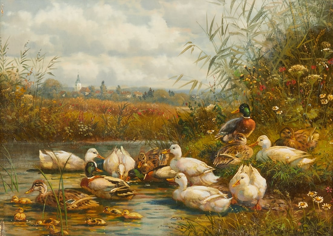Hubert Kaplan: Hubert Kaplan 1940 Munich - 2024 Munich - Ducks - Oil/canvas on wood. 13 x 18 cm, 31 x 36 cm (dimensions with frame). Signed lower left: Hubert Kaplan. Numbered on reverse: B3685282Y. Frame. Minimal