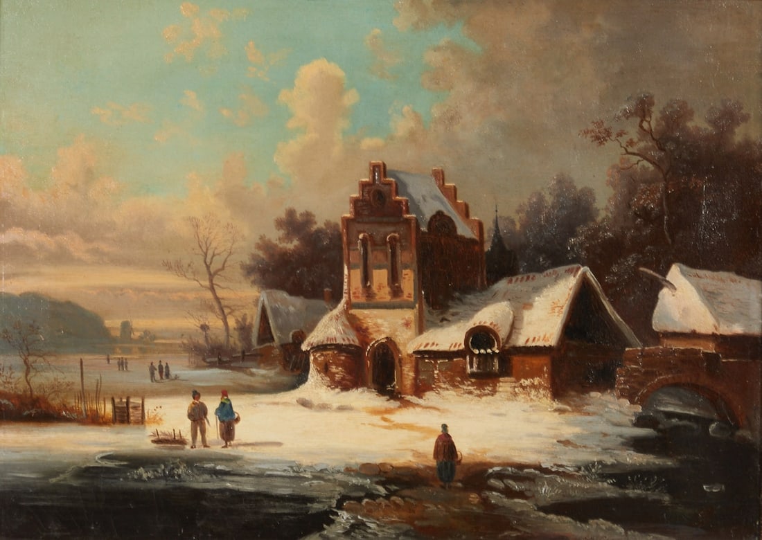 Friedrich Marianus Kruseman: Friedrich Marianus Kruseman 1816 Haarlem - 1882 Saint-Gilles/Sint-Gillis attributed - Snowy landscape - Oil/canvas. 32 x 42.3 cm, 40 x 52 cm (dimensions with frame). Signed lower right: F. M.