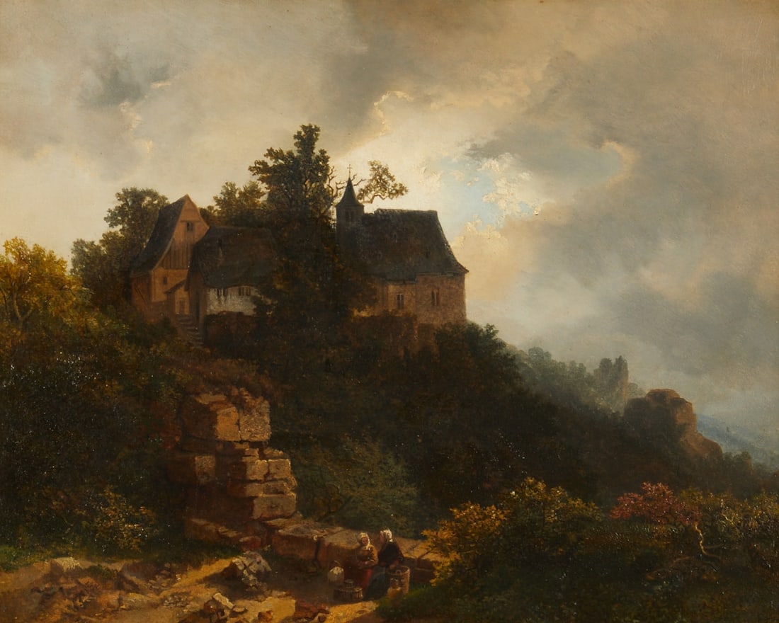 Pieter Lodewijk K??hnen: Pieter Lodewijk Kühnen 1812 Aachen - 1877 Schaerbeek in Brussels - Romantic landscape with resting figures - Oil/wood. 33.2 x 41.4 cm (visible dimensions). 43 x 51 cm (dimensions with frame).