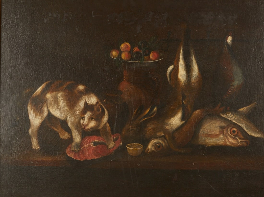 Artist of the 18th century: Artist of the 18th century - Kitchen still life with cat - Oil/canvas. Doubled. Mounted on wood. 75 x 99 cm. 92 x 115 cm (dimensions with frame). Frame. Restored.