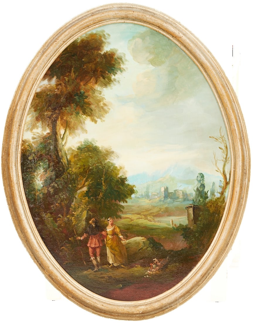 Artist of the 19th century: Artist of the 19th century - Couple in an Italian landscape - Oil/canvas. (oval). 79 x 59 cm. Frame.