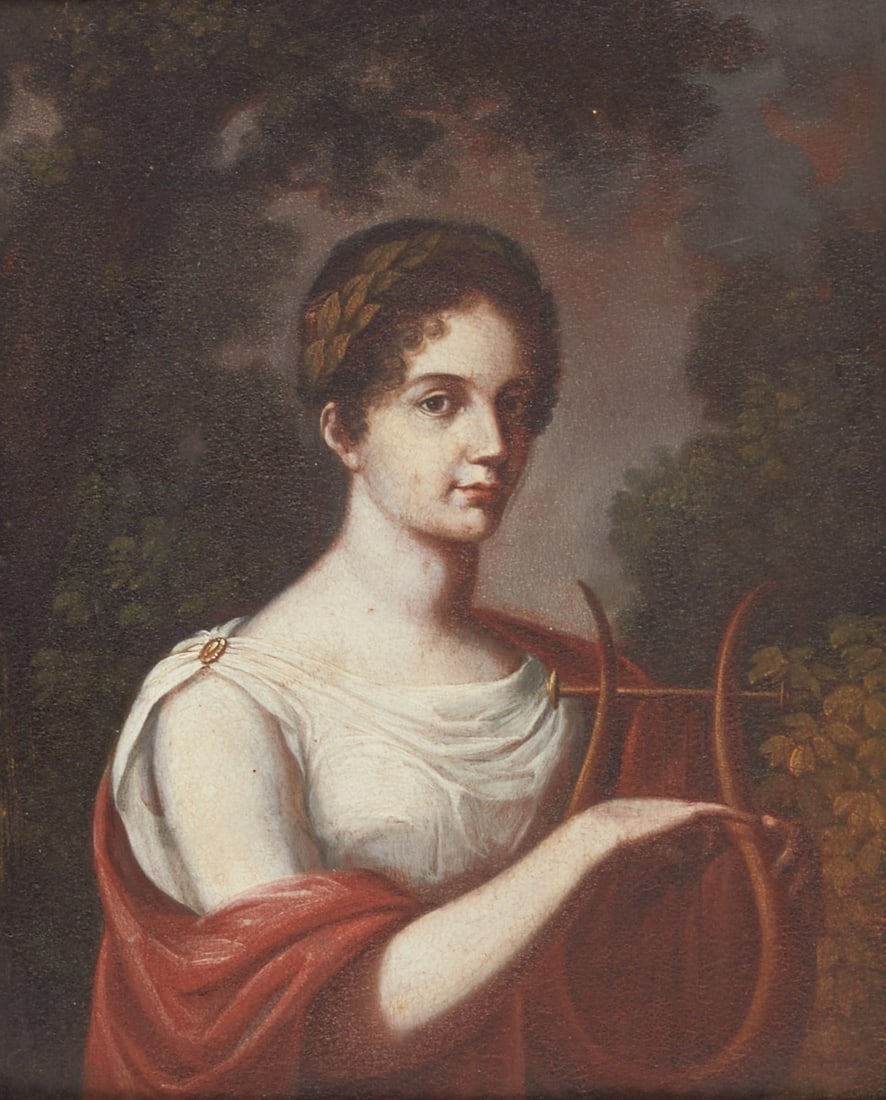 Artist of the 19th century: Artist of the 19th century - "Sappho" - Oil/copper plate. 16.4 x 13.4 cm, 28.7 x 25.5 cm (dimensions with frame). Titled on reverse: Sappho. Frame. Craquelure.