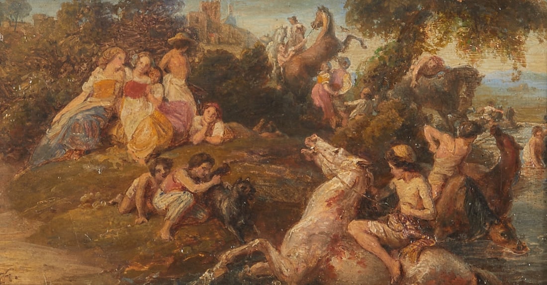 Artist of the 19th Century: Artist of the 19th Century - Figurative scene on the bank - Oil/cardboard on cardboard. 9.8 x 18 cm. 15.5 x 23.5 cm (dimensions with frame). Partially indistinctly monogrammed lower left: RH (?).
