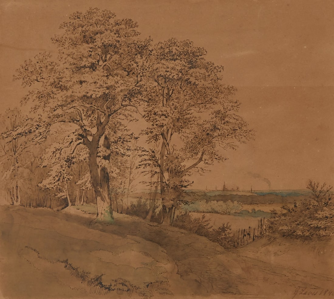 Georg Laves: Georg (George Heinrich Wilhelm) Laves 1825 Hanover - 1907 Hanover - Landscape at the edge of a forest with a view of a city (probably Hanover) - (1840) Ink and watercolor/paper. 34 x 38 cm, 36.5 x 40.