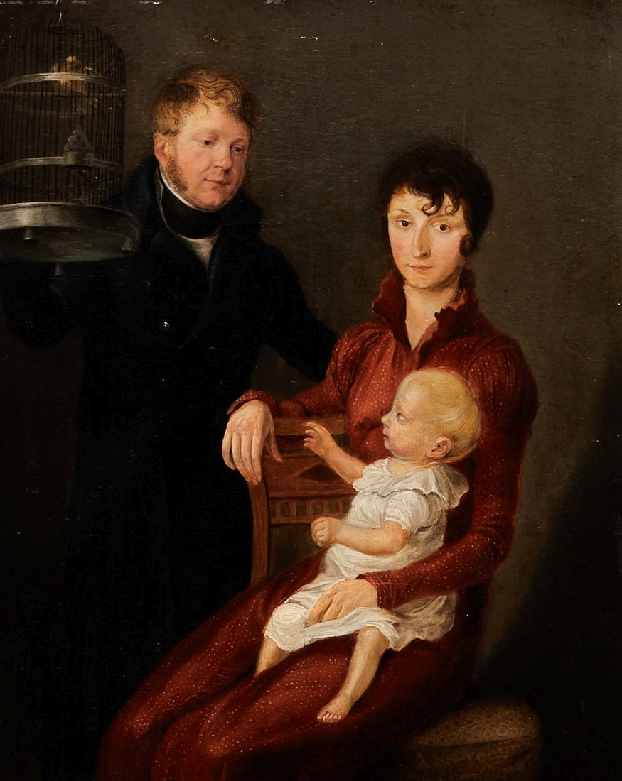Family Portrait of Knopp: Portrait painter of the Biedermeier period (probably around 1806/07) - Family Portrait of Knopp - (probably around 1806/07). Oil/wood. 19 x 15 cm. 32 x 28 cm (dimensions with frame). Reverse covered w