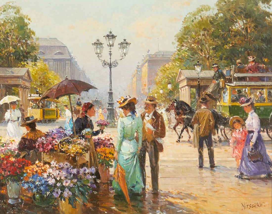 Detlef Nitschke: Detlef Nitschke 1935 Berlin - At the Flower Market - Oil/wood. 24 x 30 cm. 42 x 47 cm (dimensions with frame). Signed lower right: NITSCHKE. Framed.